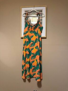 Bright Orange Tropical Leaf Tie-Strap Sundress